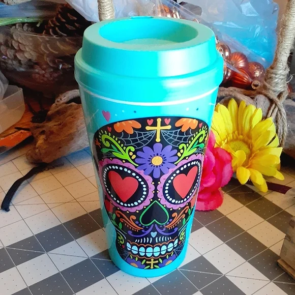 GROOVY GLAM Turquoise Blue Day of the Dead Sugar Skull Travel Tumbler with Lid - Picture 5 of 6